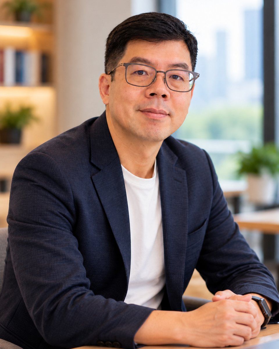 Wango 坐在工作桌前，雙手交握放在桌上