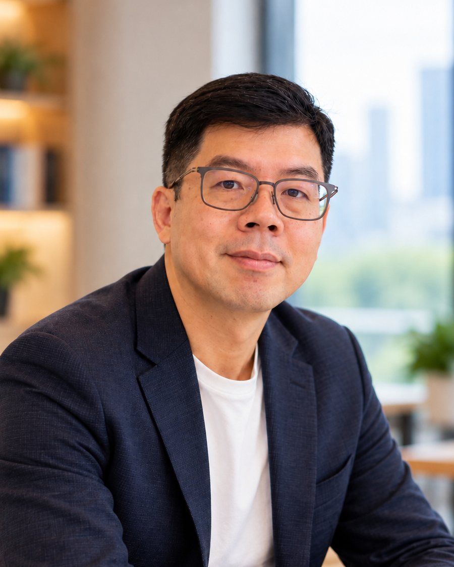 Wango 坐在窗邊的工作桌前，面帶微笑